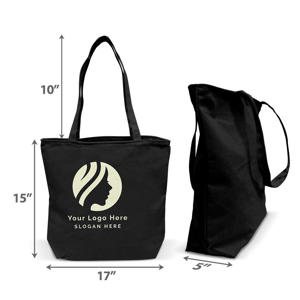 Canvas Tote with Zipper Closure and Inside Pocket 12oz Heavy Weight Black 17"W x 5"D x 15"H