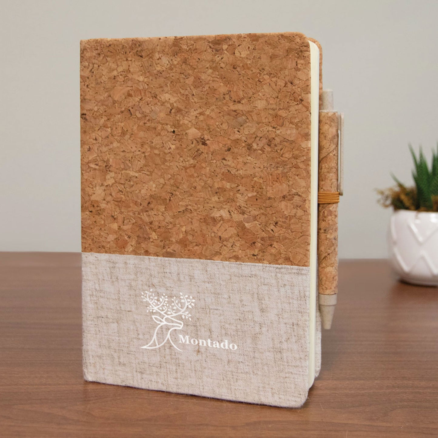 Montado Cork And Linen Journal with Cork Covered Pen Set - Single Color or Full Color Printed