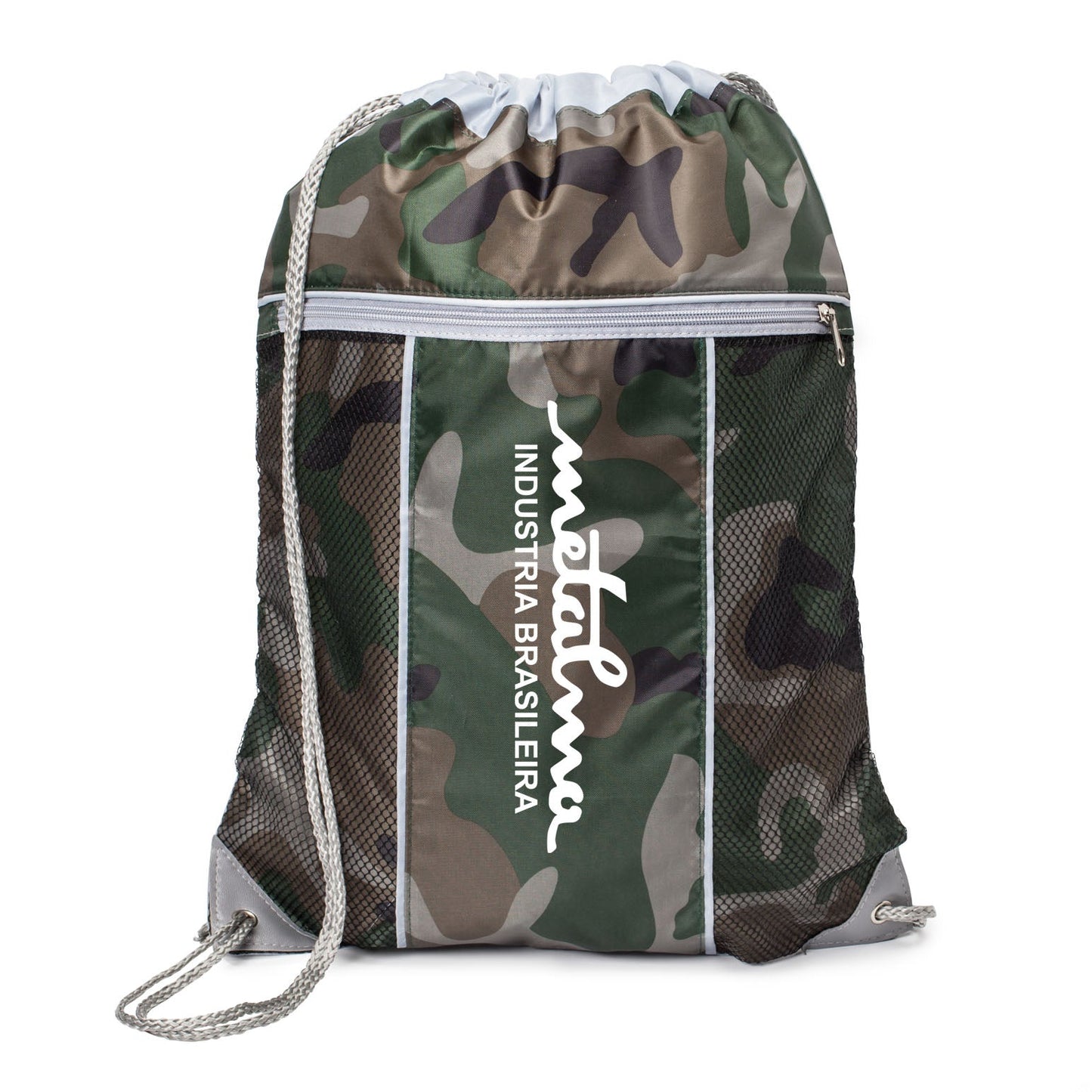 A camo drawstring bag with a white logo on it