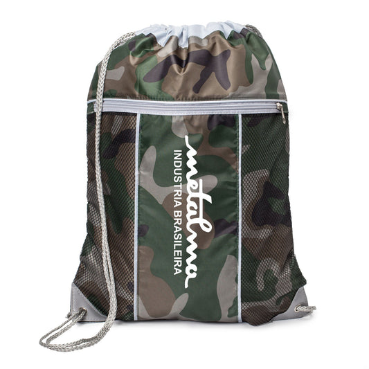 A camo drawstring bag with a white logo on it