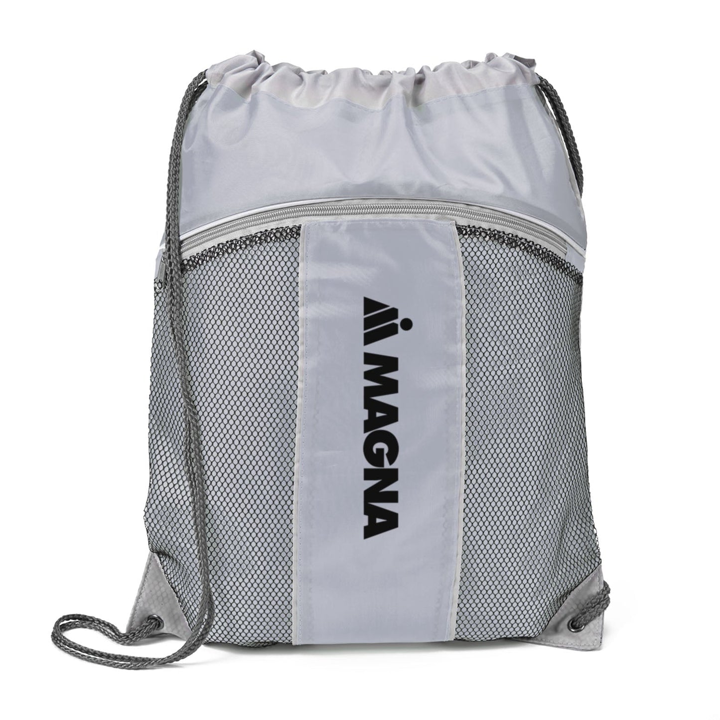 A grey drawstring bag with a black logo on it