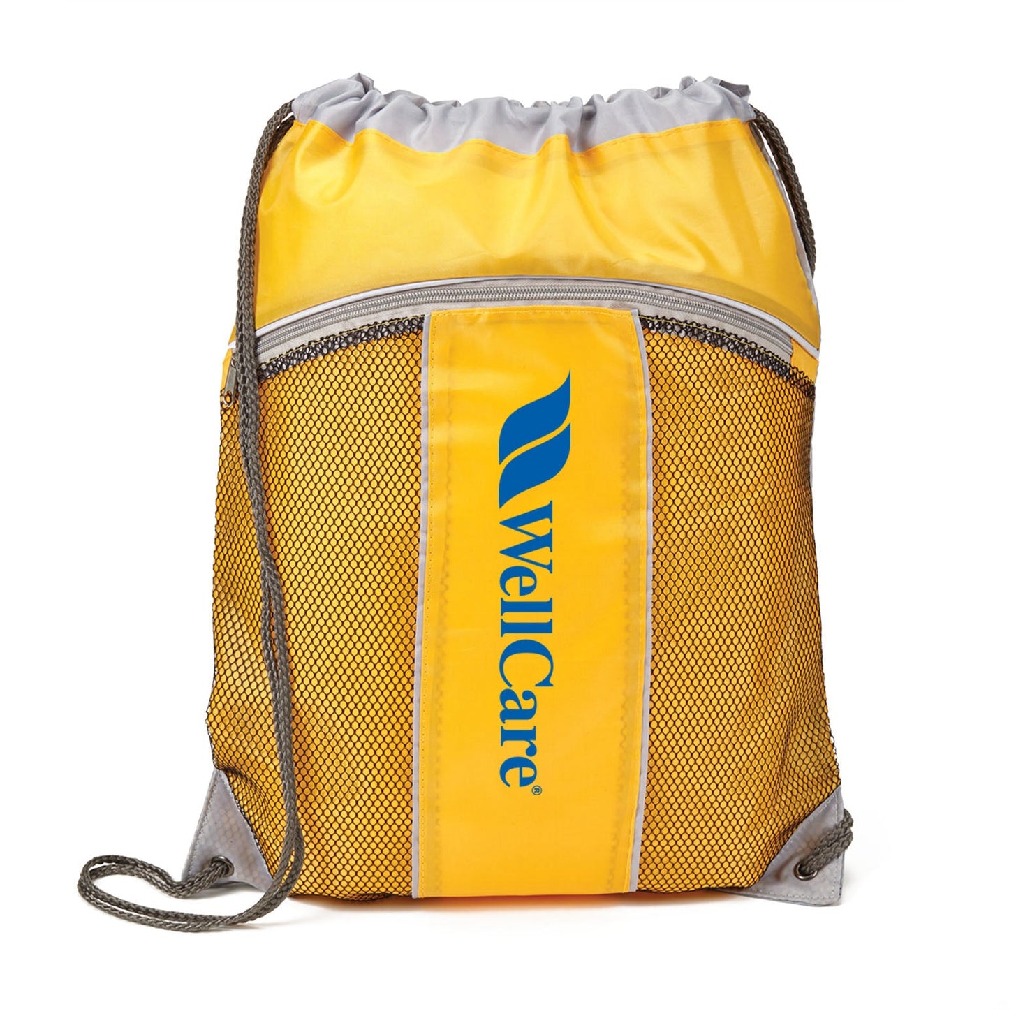 A mango drawstring bag with a blue logo on it