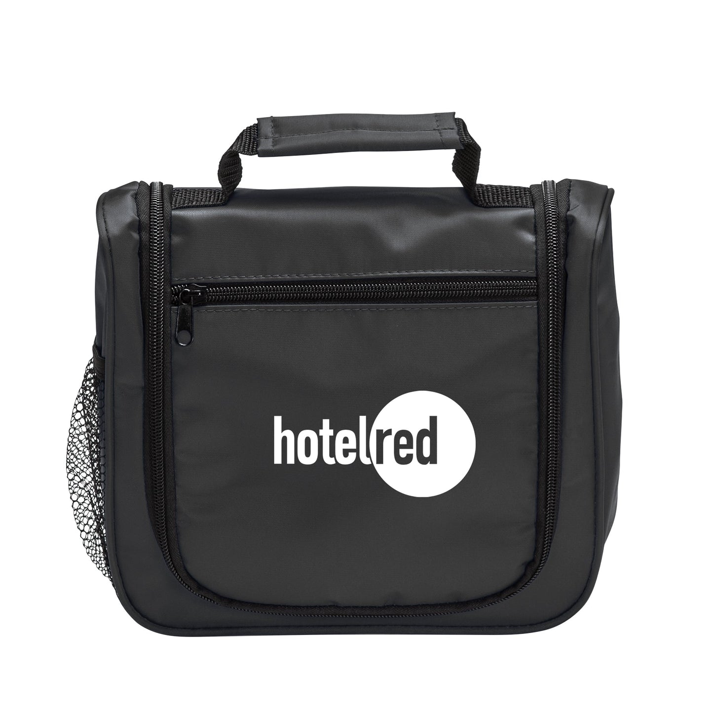 A black toiletry bag with a handle and the word "hotelred" on it