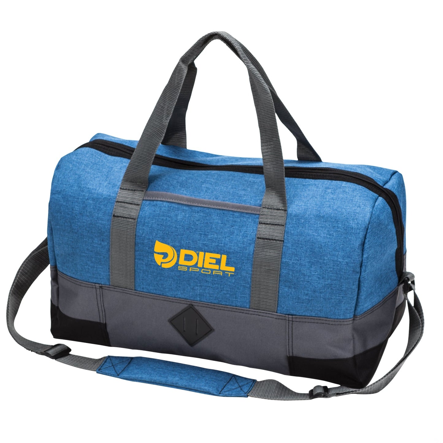 Blue and grey fabric duffel bag with yellow logo