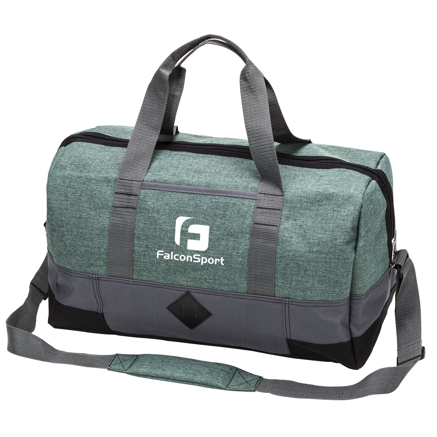 Green and grey fabric duffel bag with white logo