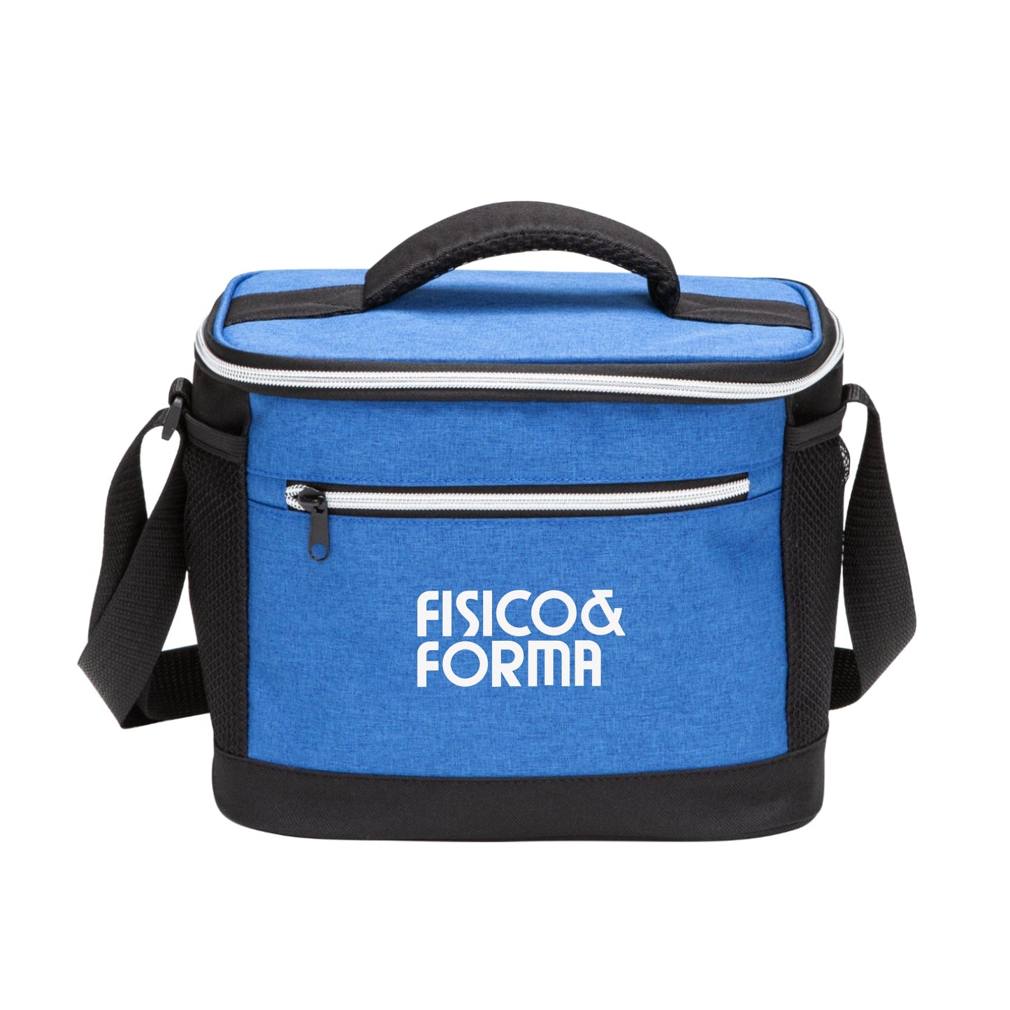 A promotional cooler bag in blue and black featuring a white logo