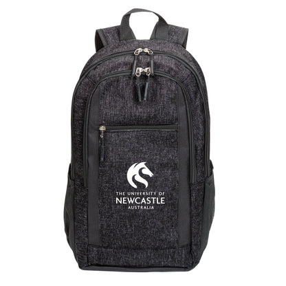 A black backpack with the logo of Newcastle University prominently displayed