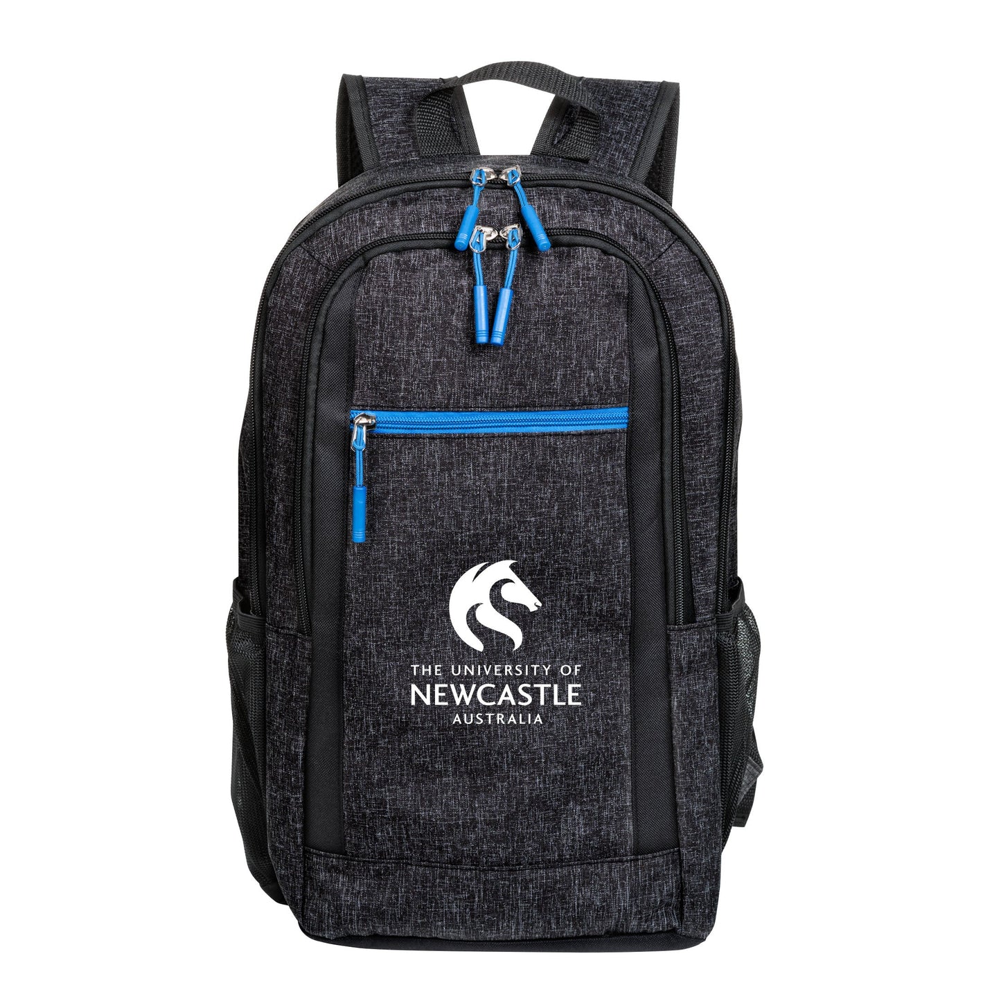 Black backpack with blue accents and white logo