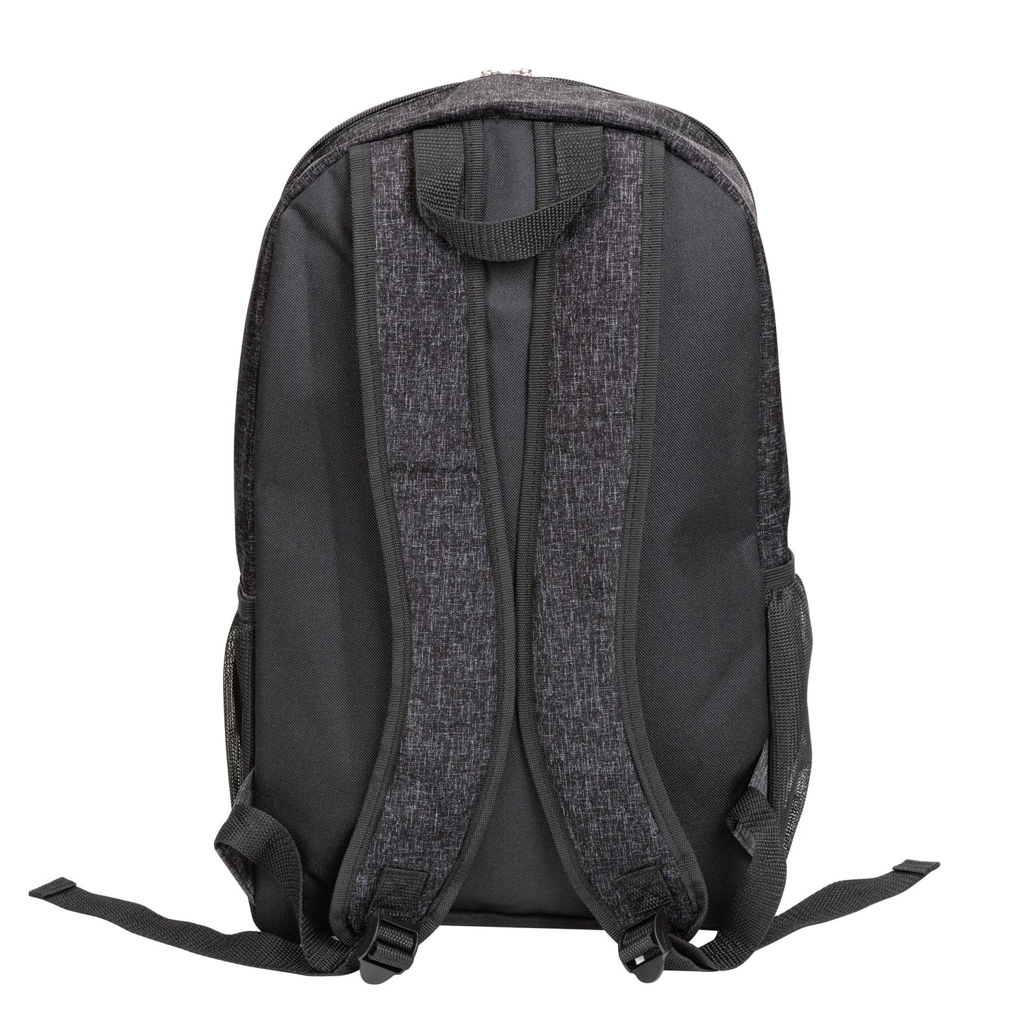 A black backpack with a grey lining