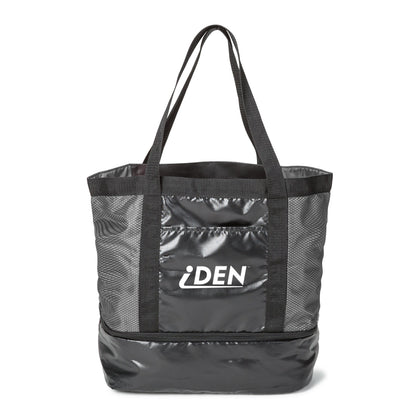 Grey and black romney tote bag with 'iden' in white letters