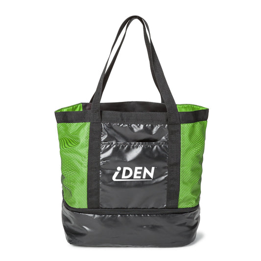 Green and black romney tote bag with 'iden' in white letters