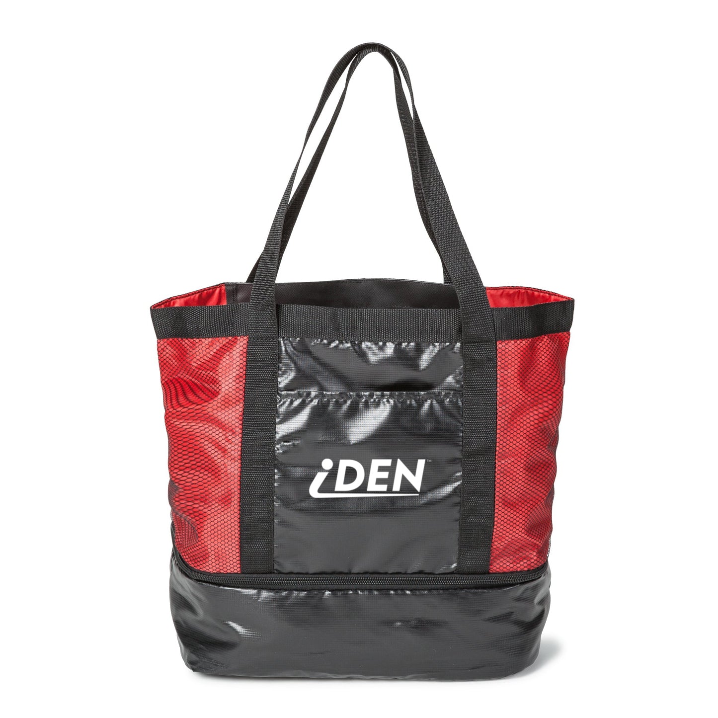 Red and black romney tote bag with 'iden' in white letters