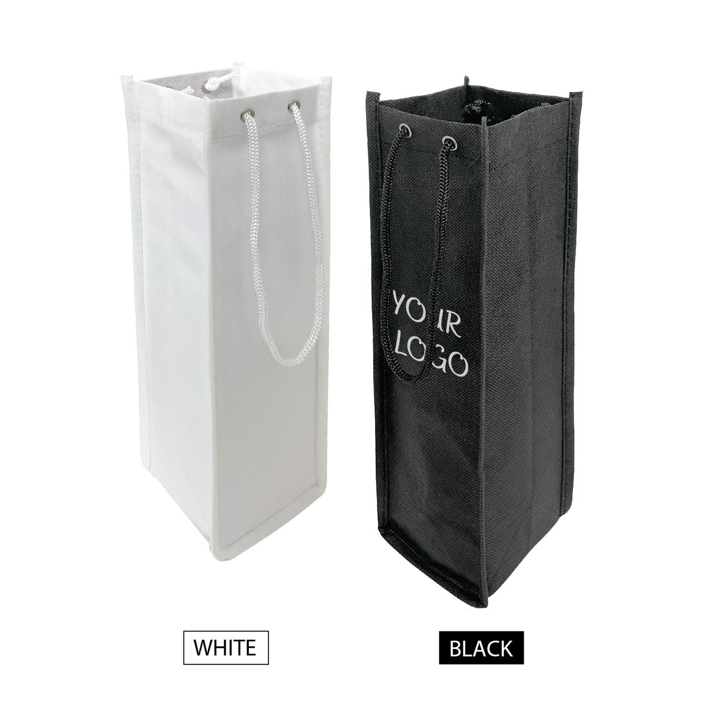 Single Bottle Non-Woven Wine Bag with Rope Handle - 3.5”W x 3.5”D x 13”H - 80gsm