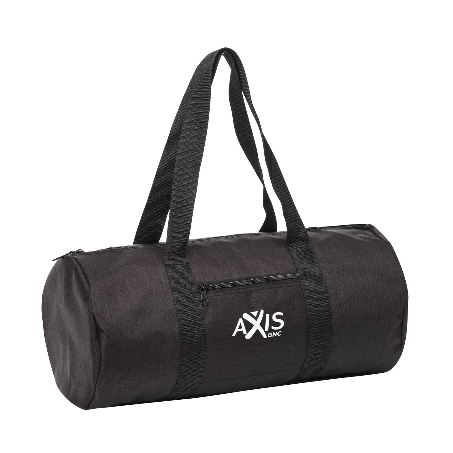 Black duffel bag with white logo