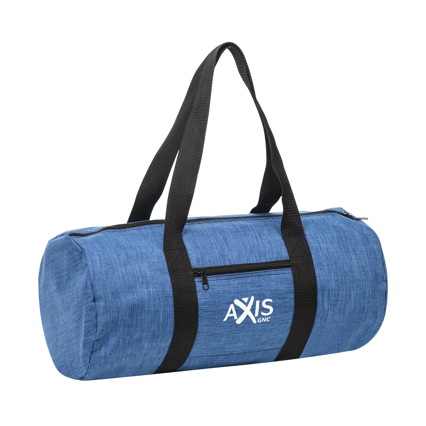 Blue duffel bag with black handles and white logo