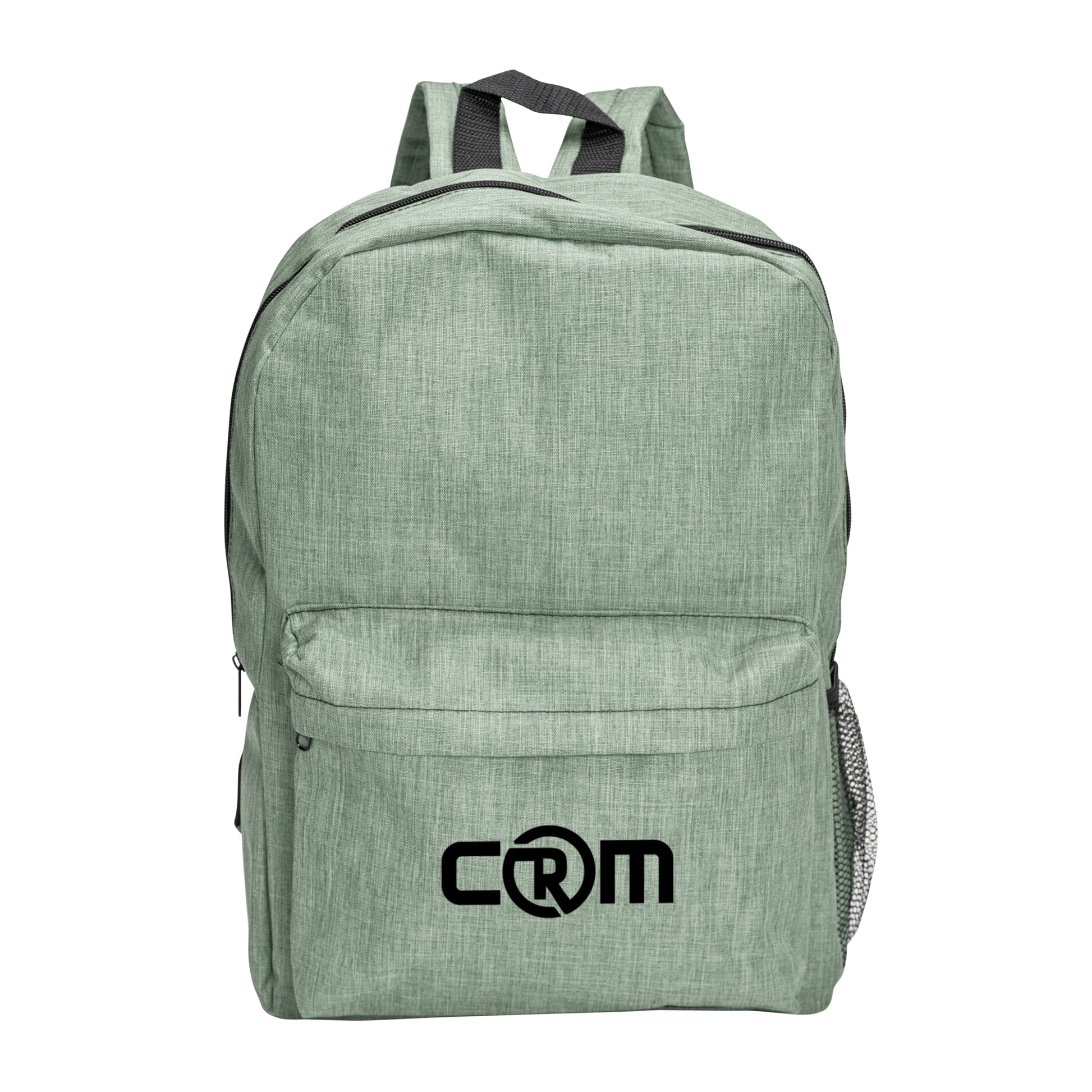 A green backpack with a white logo printed on it