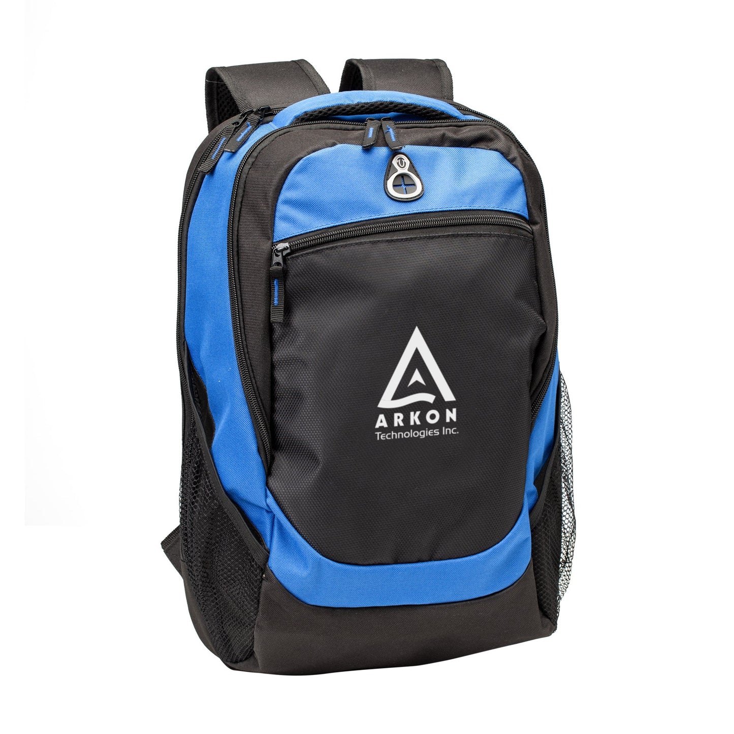 blue and black backpack with white logo