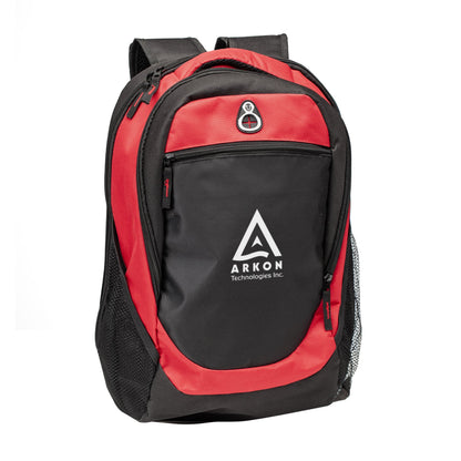 Red and black backpack with white logo