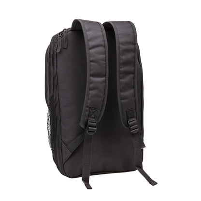 A black backpack with straps