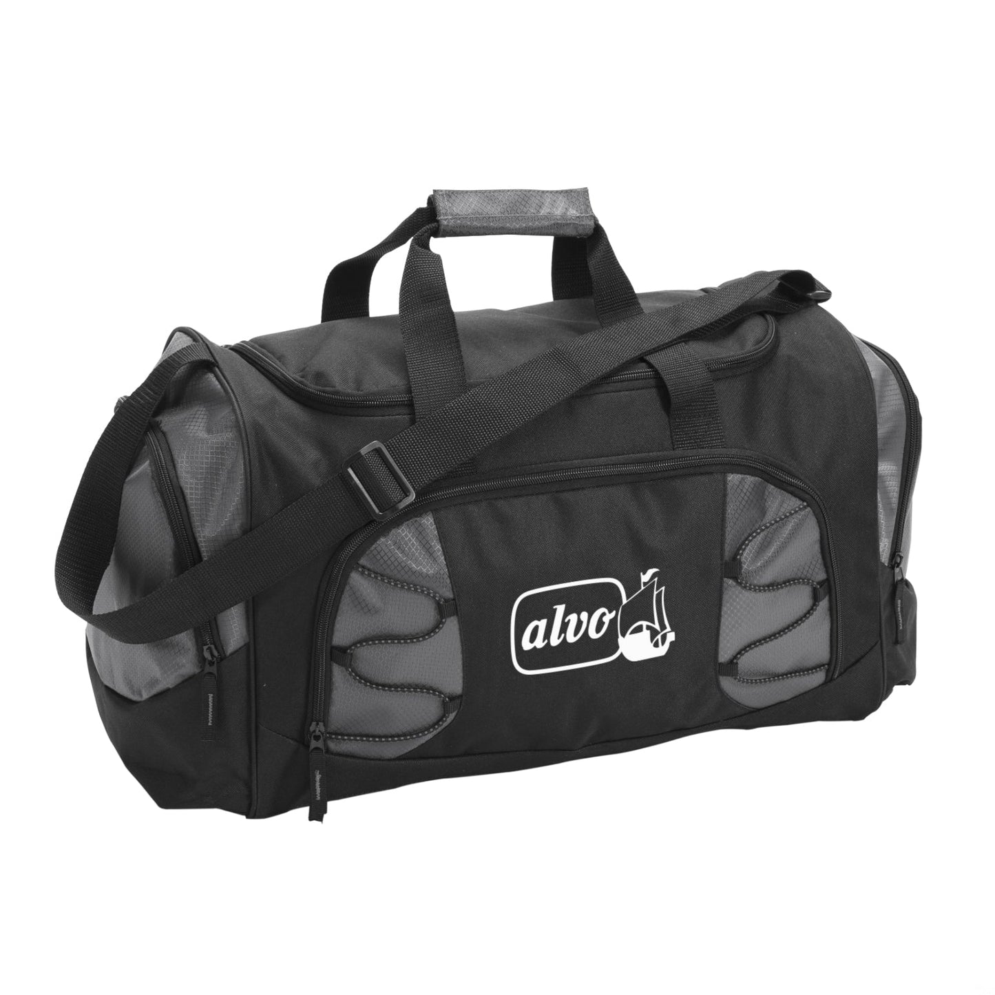 A grey and black duffel bag displaying a white logo