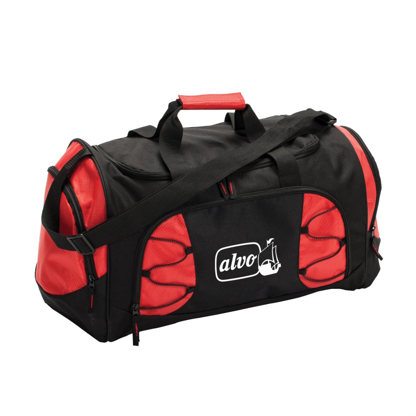 A red and black duffel bag displaying a white logo