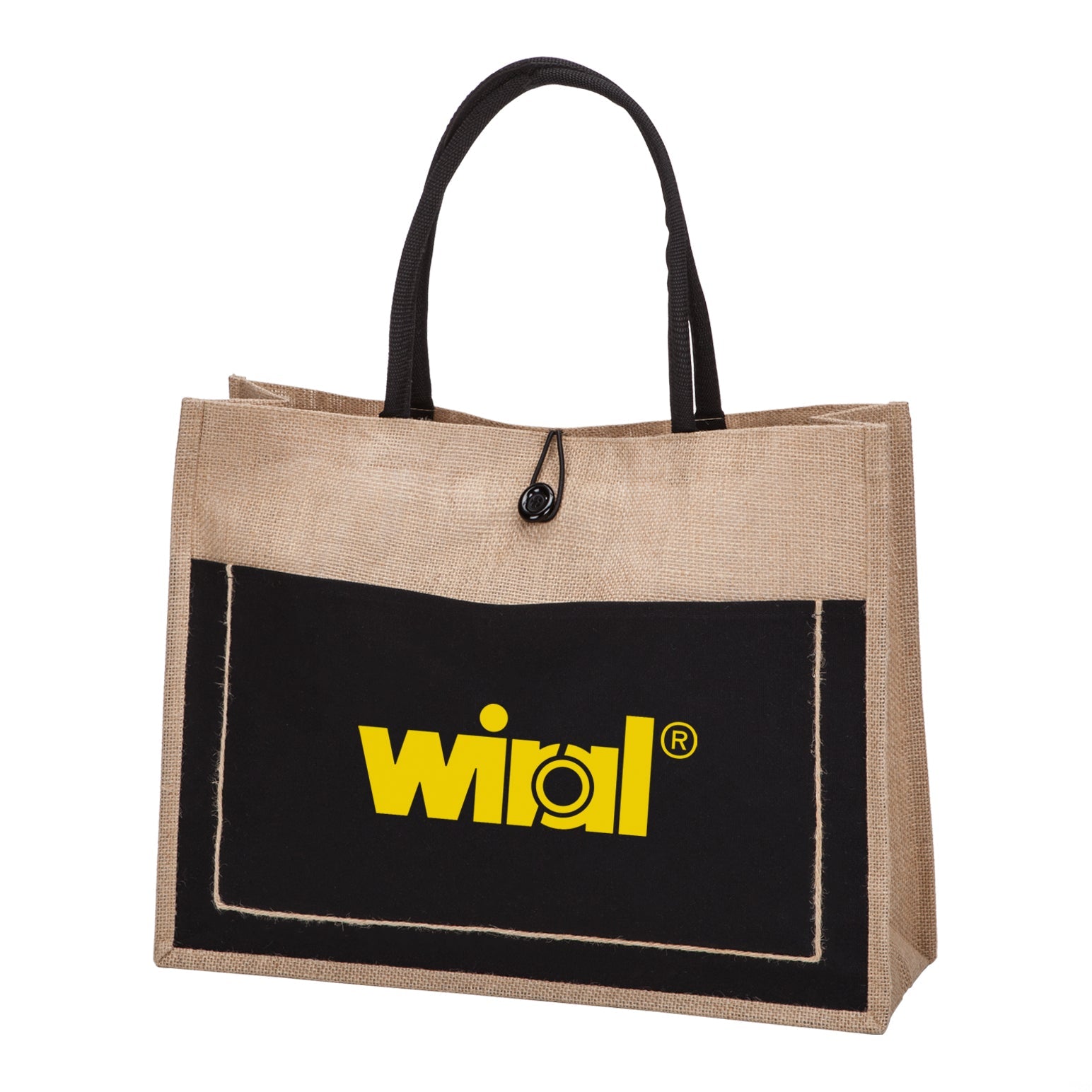 A  jute promotional bag with black front pocket and black handles