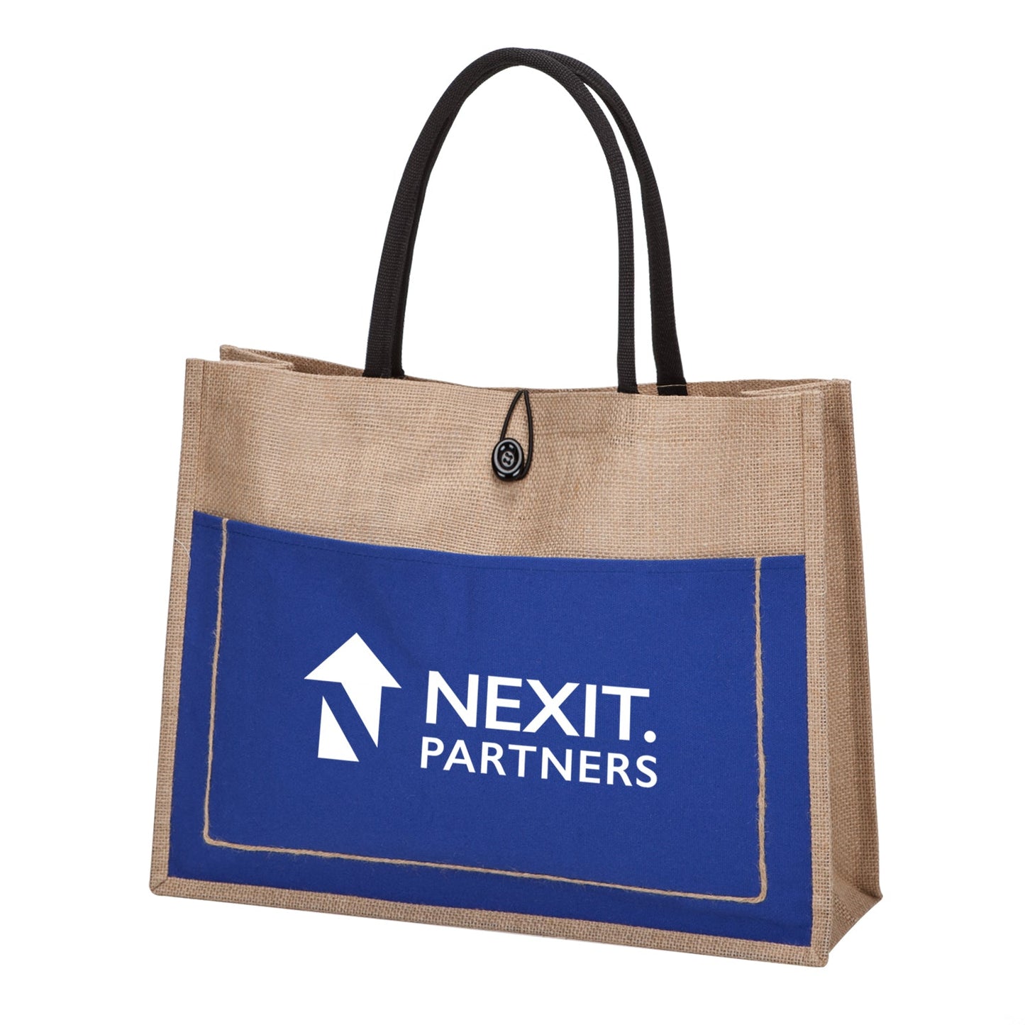 A  custom printed jute tote bag with blue front pocket and black handles