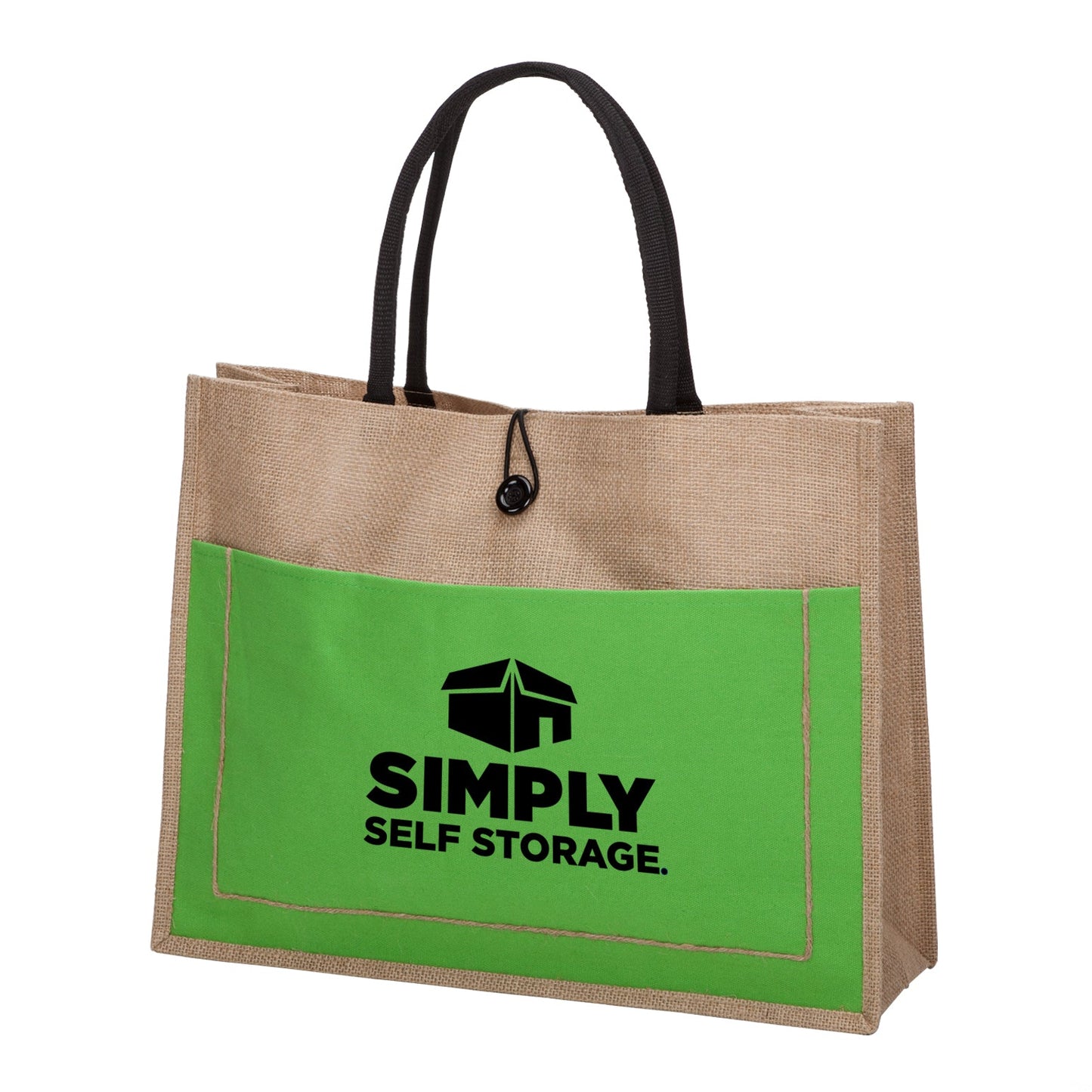 A  jute tote bag with green front pocket and black handles