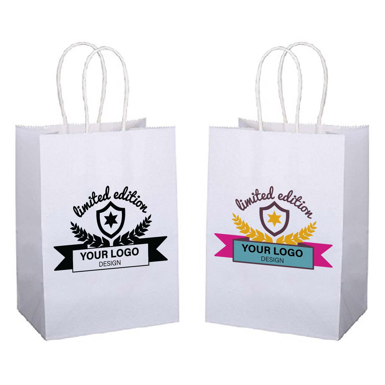 Two white paper bags with a company logo printed on them