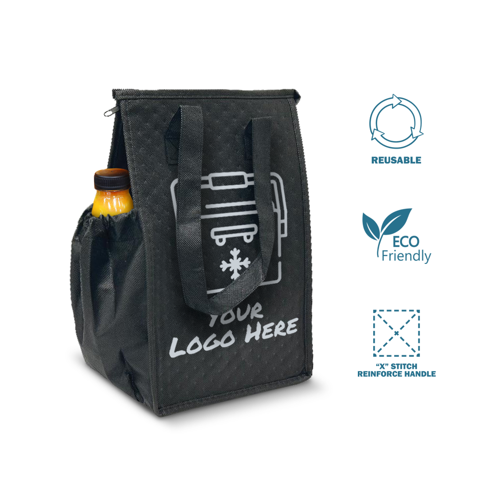 Thermal Cooler Lunch Bag with Side Pocket and 2.5mm Insulation 8”W x 7"D x 12”H