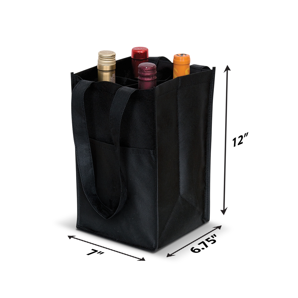 4-Bottles Non-Woven Wine Bag with Insert Pocket - 80gsm 7”W x 6.75”D x 12”H